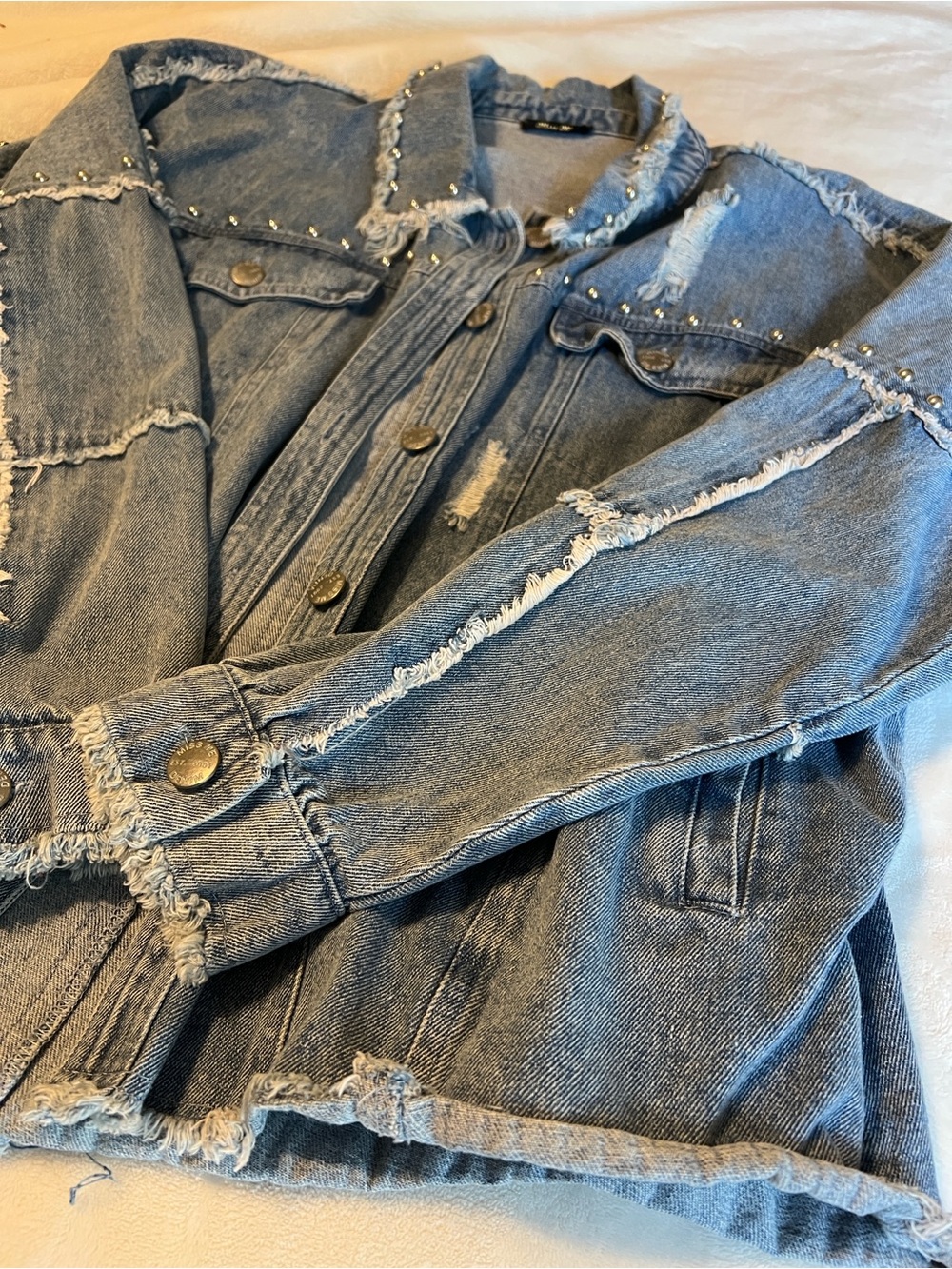 Miss Me Distressed Denim Jacket with Studs
